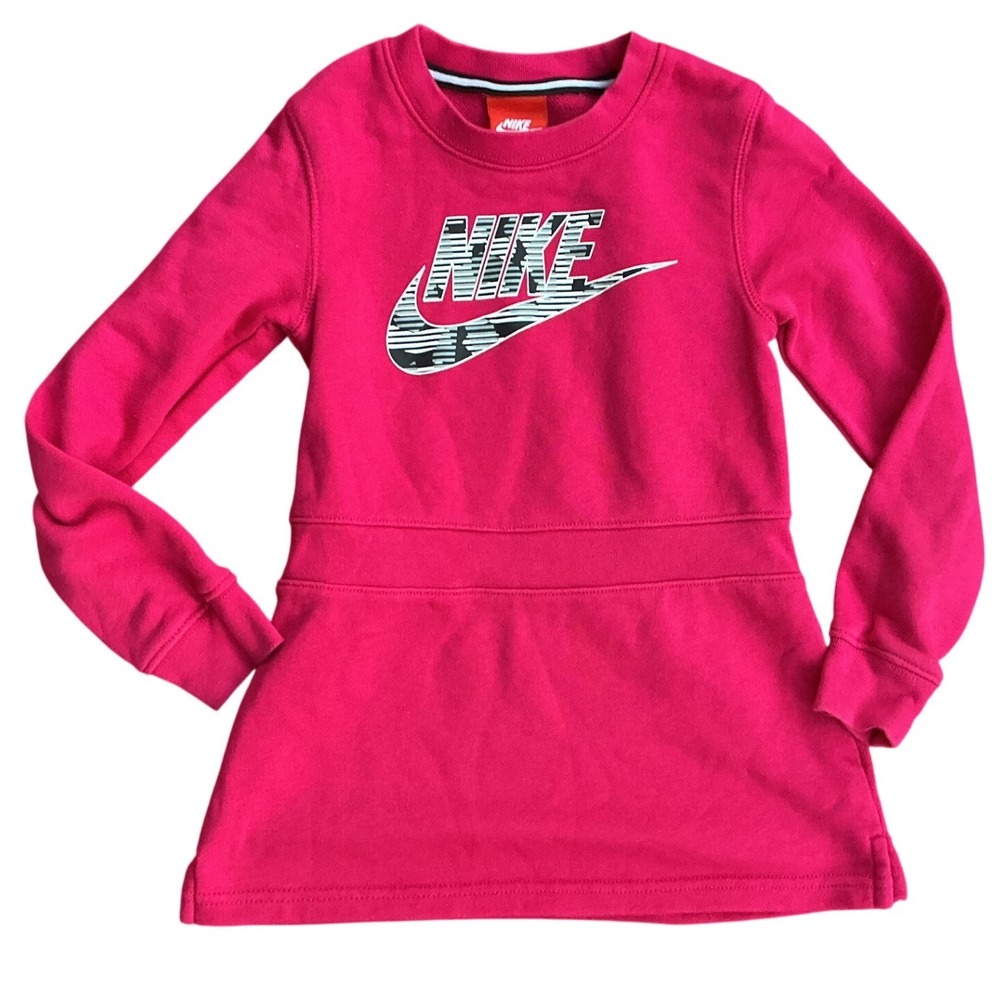 Nike Sweatshirt Dress Girls Sz 6 Pink‎ Excellent Graphic Logo Fleece Long Sleeve